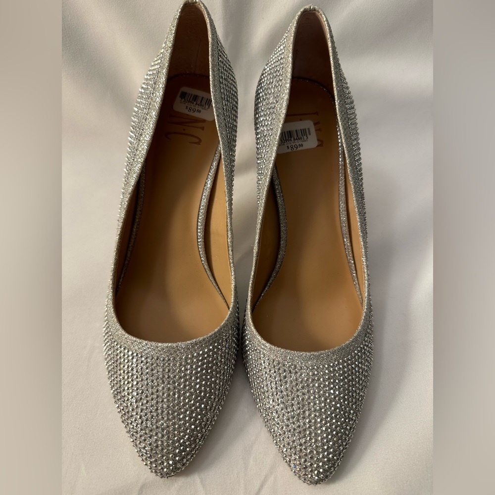 INC Womens Silver Covered Heel Rhinestone Cushioned Zitah6 Pointed Toe Stiletto